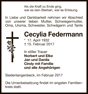 Traueranzeige von Cecylia Federmann von Uelzen