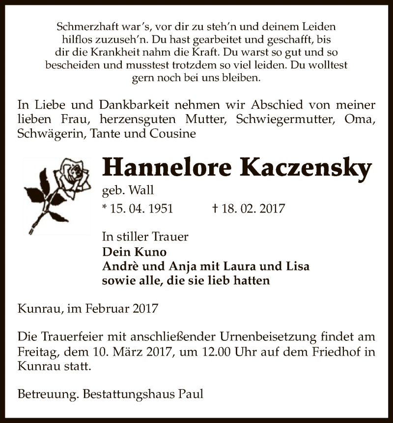  Traueranzeige für Hannelore Kaczensky vom 22.02.2017 aus Uelzen