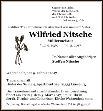 Traueranzeige von Wilfried Nitsche von Uelzen