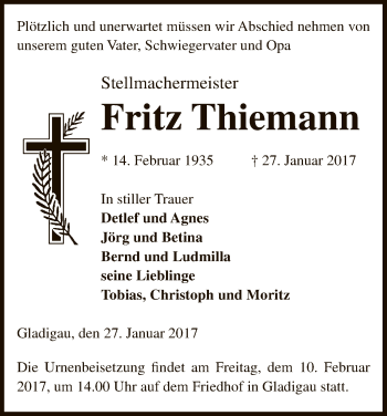 Traueranzeige von Fritz Thiemann von Uelzen