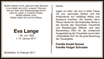 Traueranzeige von Eva Lange von Uelzen