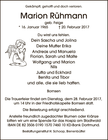 Traueranzeige von Marion Rühmann von Uelzen