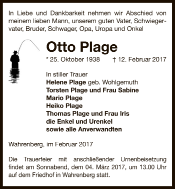 Traueranzeige von Otto Plage von Uelzen