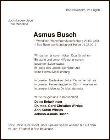 Traueranzeige von Asmus Busch von Uelzen