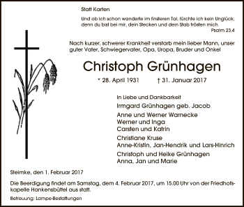 Traueranzeige von Christoph Grünhagen von Uelzen