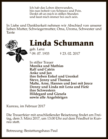 Traueranzeige von Linda Schumann von Uelzen