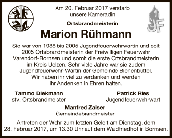 Traueranzeige von Marion Rühmann von Uelzen