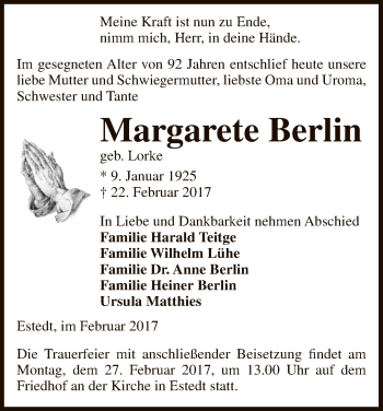 Traueranzeige von Margaret Berlin von Uelzen