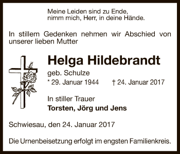 Traueranzeige von Helga Hildebrandt von Uelzen