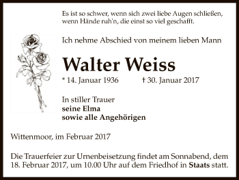 Traueranzeige von Walter Weiss von Uelzen