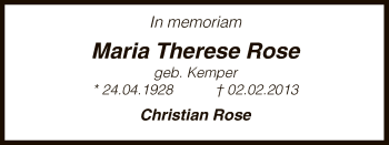 Traueranzeige von Maria Therese Rose von Uelzen