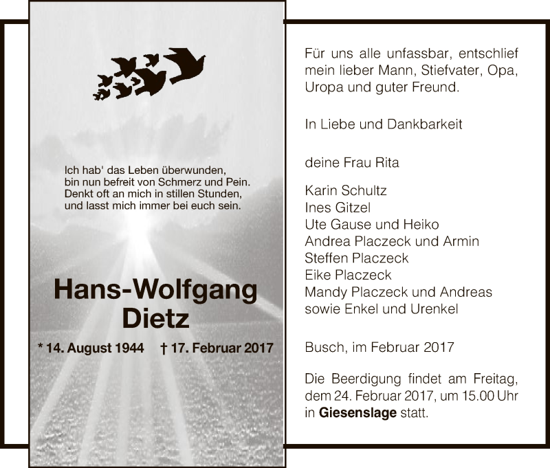  Traueranzeige für Hans-Wolfgang Dietz vom 18.02.2017 aus Uelzen