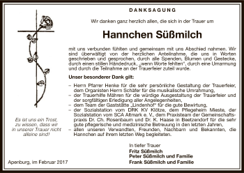 Traueranzeige von Hannchen Süßmilch von Uelzen