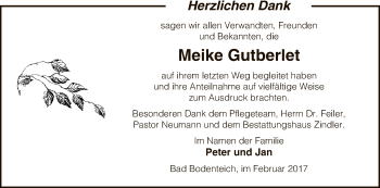 Traueranzeige von Meike Gutberlet von Uelzen