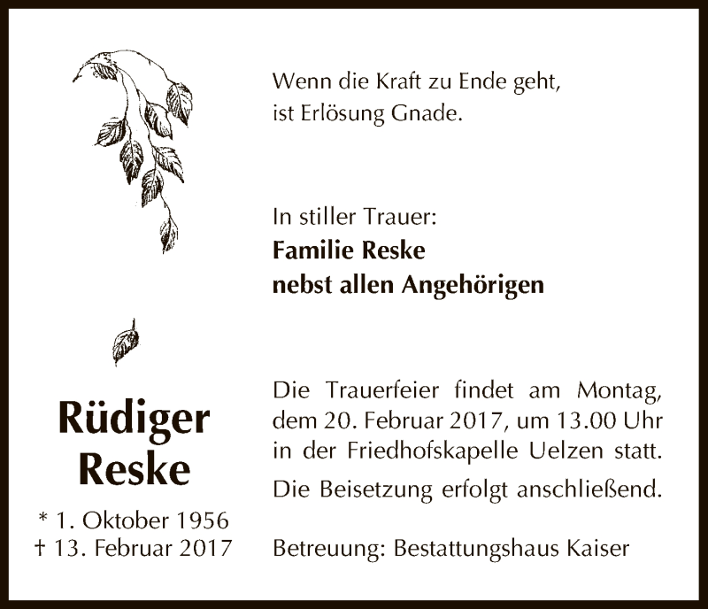  Traueranzeige für Rüdiger Reske vom 15.02.2017 aus Uelzen