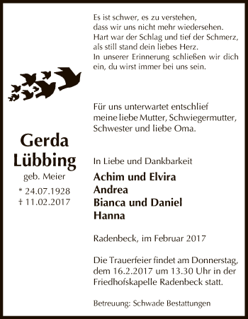 Traueranzeige von Gerda Lübbing von Uelzen