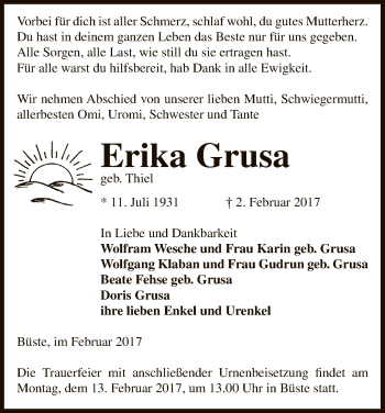 Traueranzeige von Erika Grusa von Uelzen