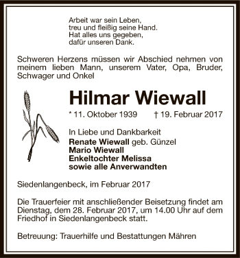 Traueranzeige von Hilmar Wiewall von Uelzen