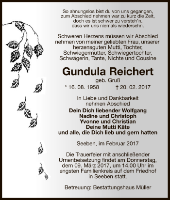 Traueranzeige von Gundula Reichert von Uelzen