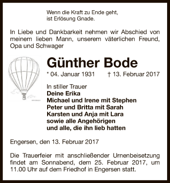 Traueranzeige von Günther Bode von Uelzen