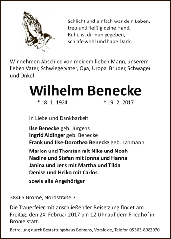 Traueranzeige von Wilhelm Benecke von Uelzen