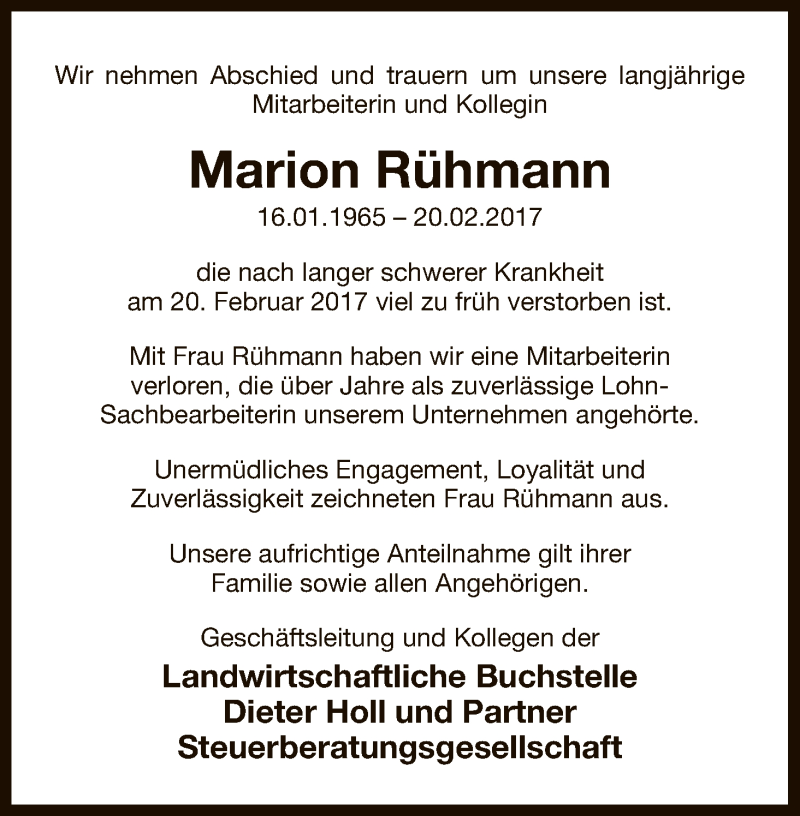  Traueranzeige für Marion Rühmann vom 23.02.2017 aus Uelzen