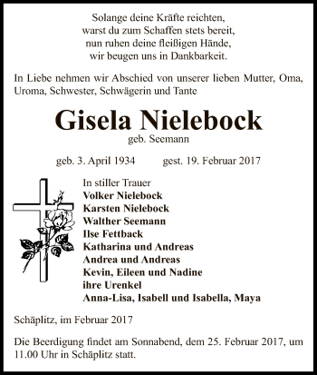 Traueranzeige von Gisela Nielebock von Uelzen