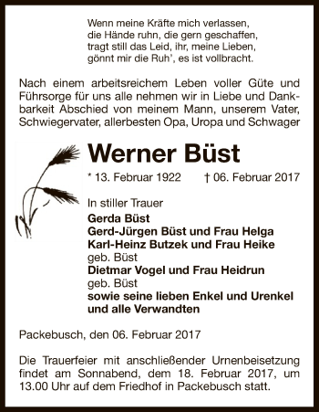 Traueranzeige von Werner Büst von Uelzen