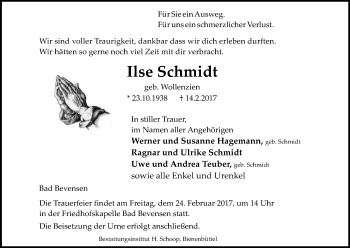 Traueranzeige von Ilse Schmidt von Uelzen