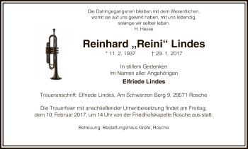 Traueranzeige von Reinhard  Lindes von Uelzen