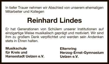 Traueranzeige von Reinhard  Lindes von Uelzen