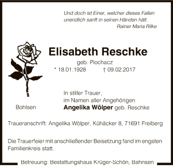 Traueranzeige von Elisabeth Reschke von Uelzen