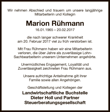 Traueranzeige von Marion Rühmann von Uelzen