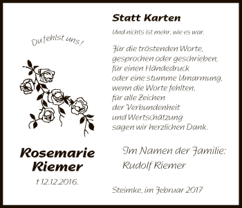 Traueranzeige von Rosemarie Riemer von Uelzen