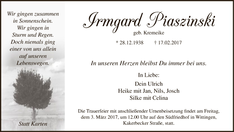  Traueranzeige für Irmgard Piaszinski vom 22.02.2017 aus Uelzen