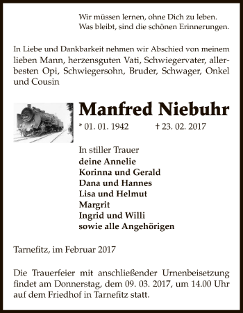 Traueranzeige von Manfred Niebuhr von Uelzen