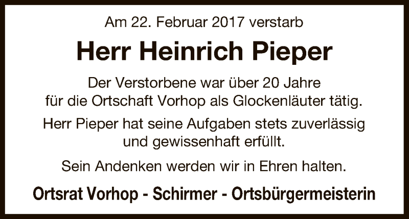  Traueranzeige für Heinrich Pieper vom 25.02.2017 aus Uelzen
