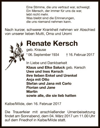 Traueranzeige von Renate Kersch von Uelzen