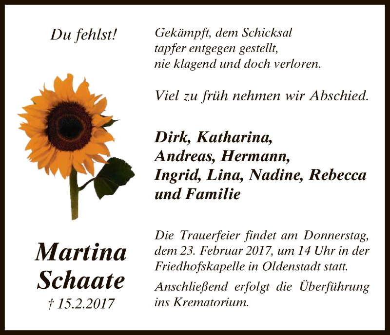  Traueranzeige für Martina Schaate vom 18.02.2017 aus Uelzen