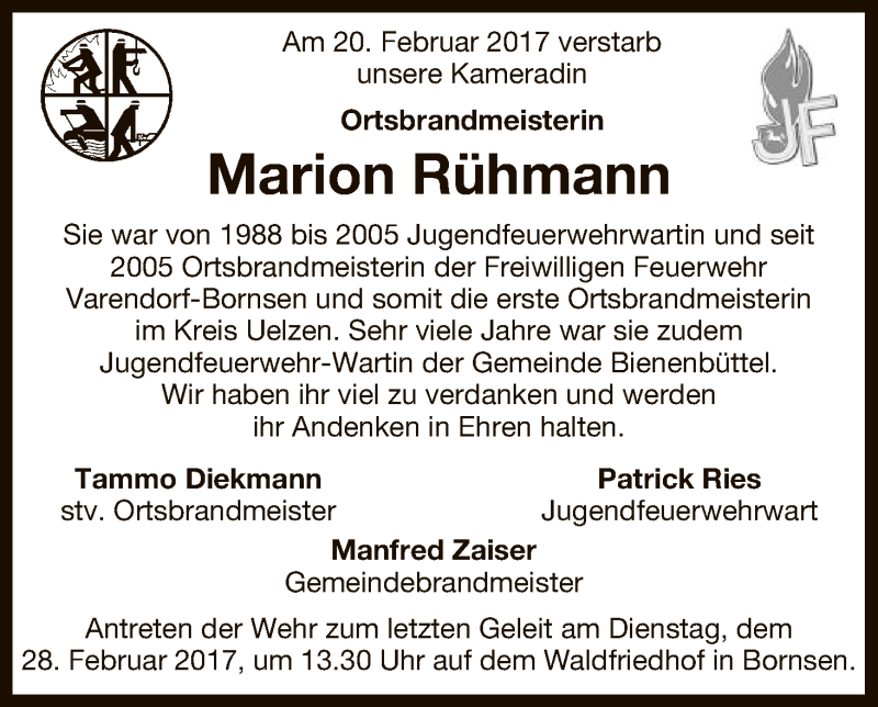  Traueranzeige für Marion Rühmann vom 25.02.2017 aus Uelzen