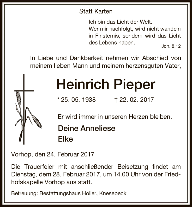  Traueranzeige für Heinrich Pieper vom 24.02.2017 aus Uelzen
