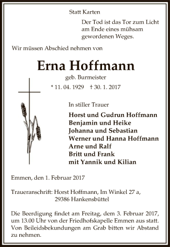 Traueranzeige von Erna Hoffmann von Uelzen