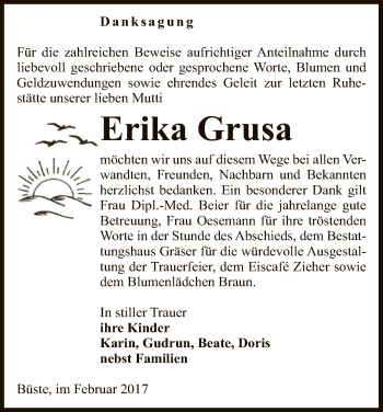 Traueranzeige von Erika Grusa von Uelzen