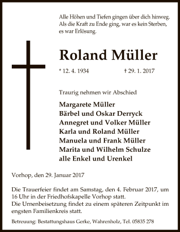 Traueranzeige von Roland Müller von Uelzen