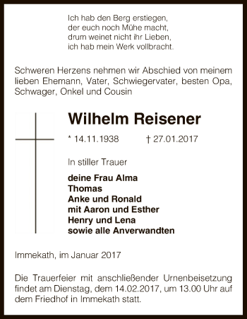 Traueranzeige von Wilhelm Reisener von Uelzen