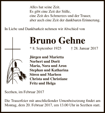 Traueranzeige von Bruno Gehne von Uelzen