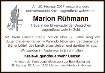 Traueranzeige von Marion Rühmann von Uelzen