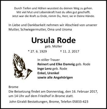 Traueranzeige von Ursula Rode von Uelzen