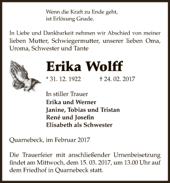 Traueranzeige von Erika Wolff von Uelzen