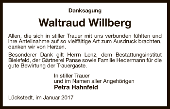 Traueranzeige von Waltraud Willberg von Uelzen